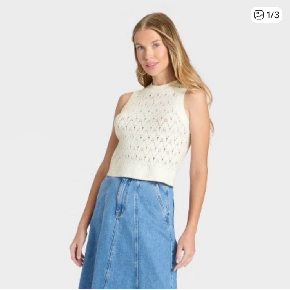 NWT Universal Thread Cream Pointelle Knit Sweater Vest Top Lightweight - Picture 2 of 6